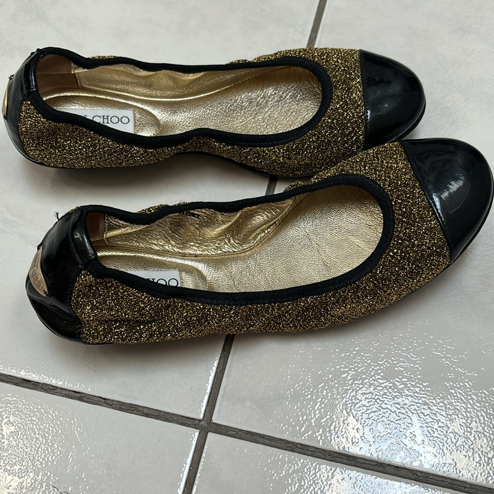 Jimmy Choo gold black metallic shimmer ballet flats